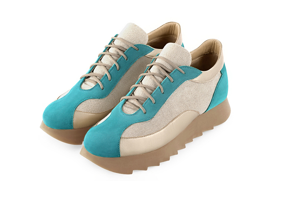 Aquamarine blue and gold women's two-tone elegant sneakers. Round toe. Low rubber soles. Front view - Florence KOOIJMAN